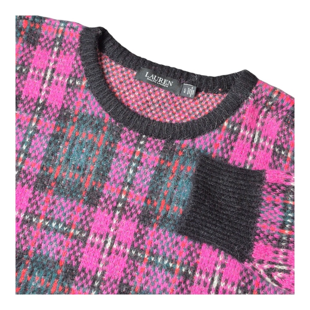 Lauren Ralph Lauren Black‎ Label Plaid Alpaca Hair Wool Blend Sweater Women's L